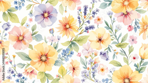 Seamless summer pattern with watercolor flowers handmade.