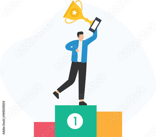 Adobe IllusHappy businessman standing on the podium, raising a trophy and smartphone, celebrating remarkable business success and achieving career goals with pride and joy

trator Artwork