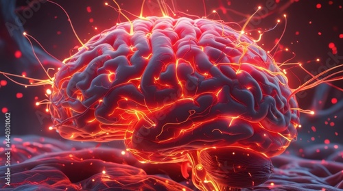 glowing red neural brain with energy pulses, digital visualization