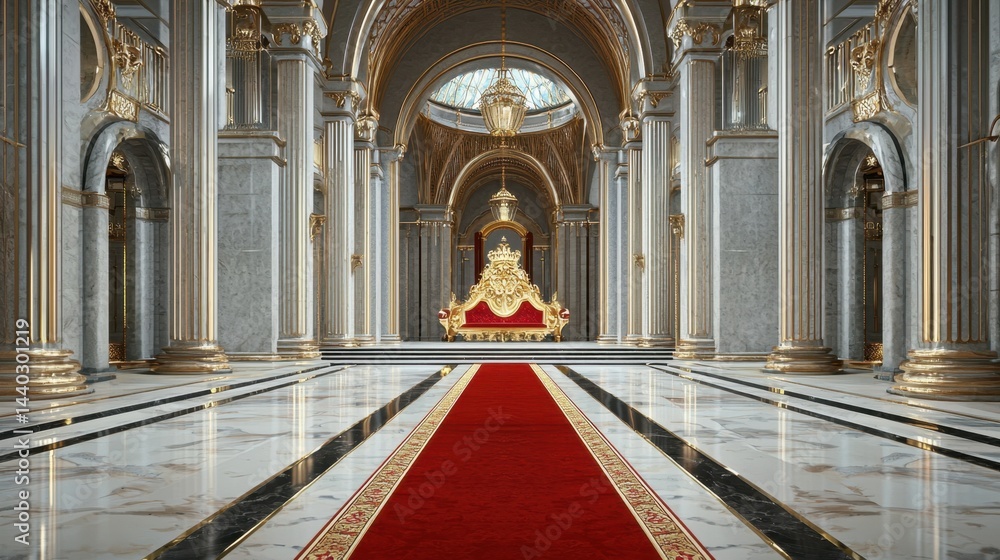 Royal castle hall with red carpet leading to ornate golden kings bench