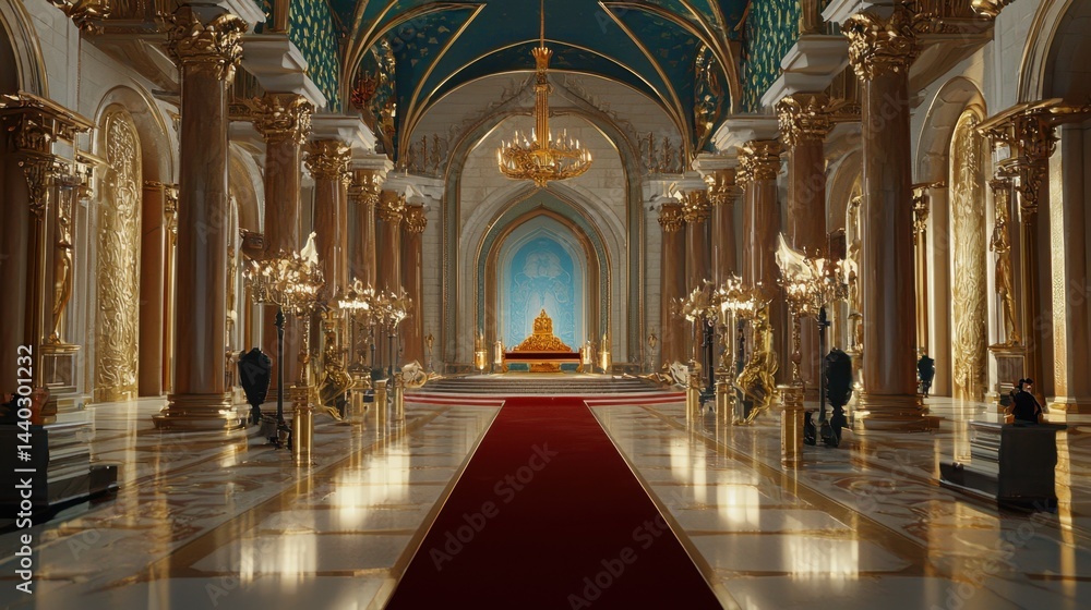 Royal castle hall with red carpet leading to ornate golden kings bench Royal castle hall with red carpet leading to ornate golden kings bench
