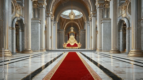 Obraz na płótnie Royal castle hall with red carpet leading to ornate golden kings bench w salonie