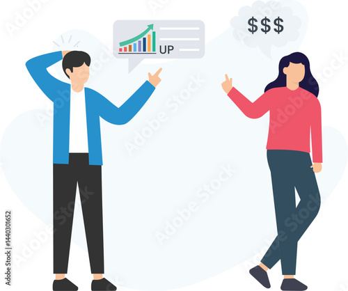 Two businesspeople are discussing about a growing graph and thinking about the increasing profits, trying to find new solutions for their business

