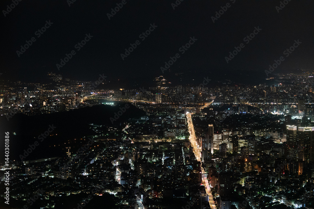 Fototapeta premium City aerial view night lights taipei taiwan asia busy street traffic