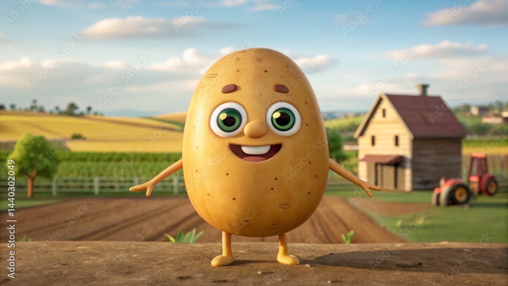 A cheerful cartoon potato character poses in front of a charming farmhouse, surrounded by lush green fields and rolling hills under a clear blue sky. The scene radiates positivity and joy
