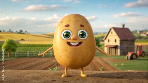 Obraz na płótnie A cheerful cartoon potato character poses in front of a charming farmhouse, surrounded by lush green fields and rolling hills under a clear blue sky. The scene radiates positivity and joy w salonie