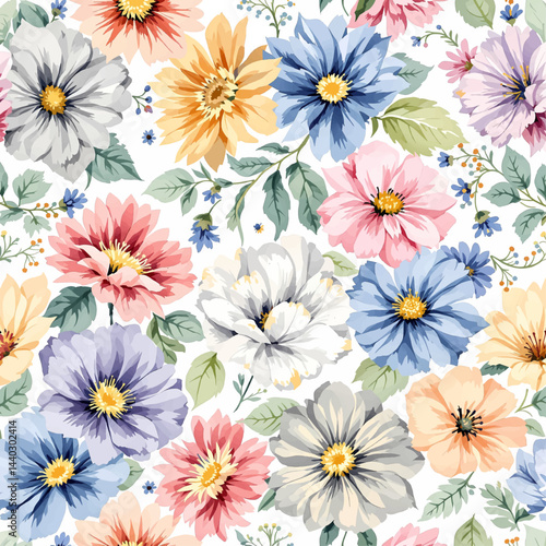 Seamless watercolor flowers pattern. Hand painted flowers of different colors. Flowers for design.