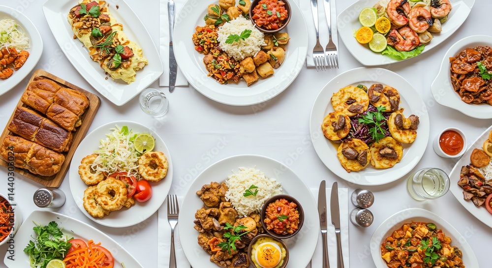 Overhead View of Festive Table Setting with Delicious Food Dishes Overhead View of Festive Table Setting with Delicious Food Dishes