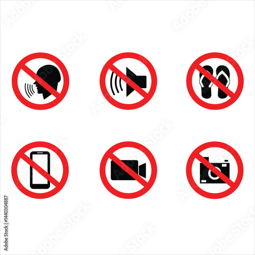 Warning set icon noisy, sound, wearing shoes, turning on mobile phone, recording, taking pictures
