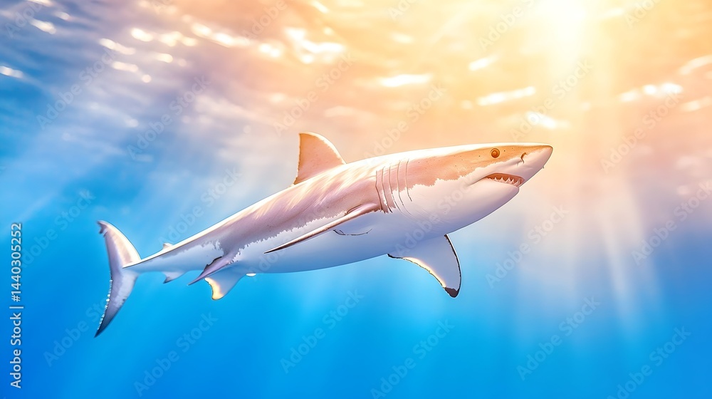 Fototapeta premium Majestic great white shark swims in sunlit ocean