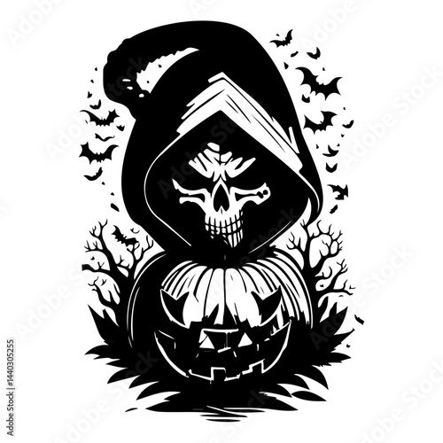 Monochromatic Halloween Specter Composition, Graphic Spectral Figure in Black and White