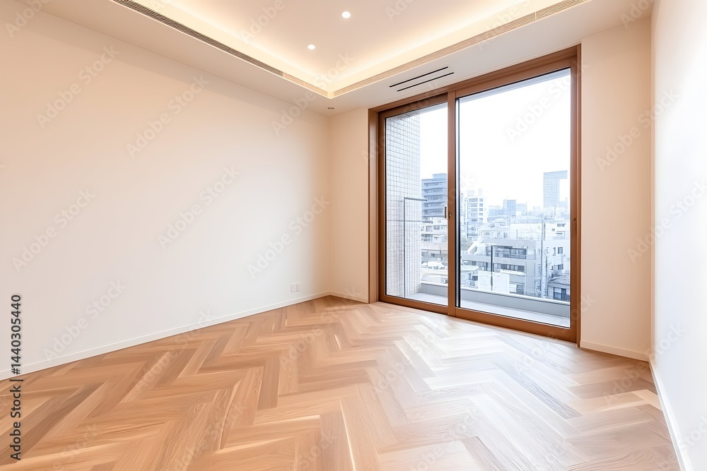 Obraz premium Minimalist room with herringbone hardwood floors, large sliding glass door revealing a city view, and recessed lighting