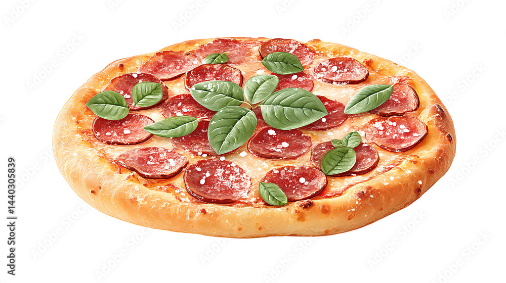 A pepperoni pizza with basil leaves on top