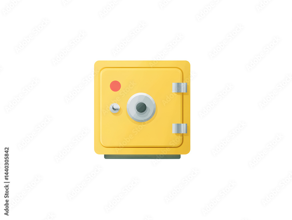 A yellow safe with a red button on the front