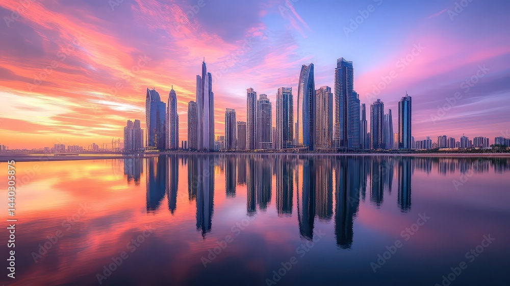 Fototapeta premium Ethereal skyline reflected on serene waters