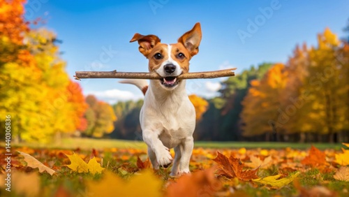 A playful dog joyfully runs through a vibrant autumn park with colorful leaves scattered on the ground. The clear blue sky and bright sunlight enhance the cheerful atmosphere