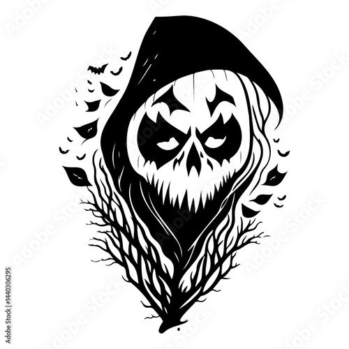 Grim Reaper Inspired Silhouette with Bat and Leaf Accents for Spooky Season