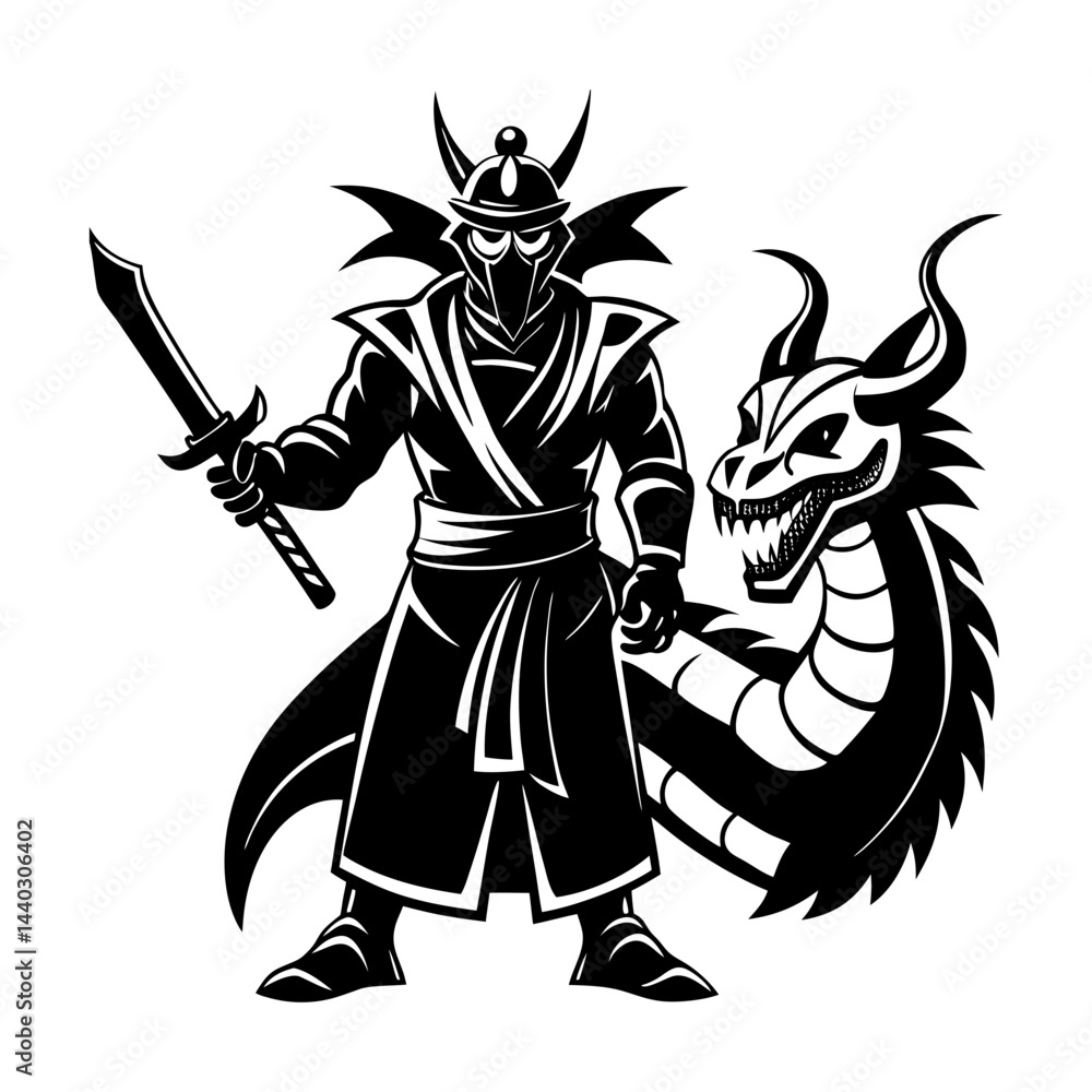 Fototapeta premium Download Samurai Warrior Masked Dragon Silhouette Vector Illustration White Background Svg File For Design.