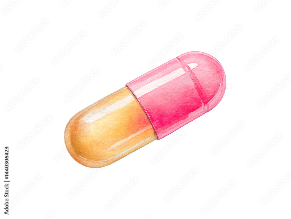 A pill is shown in a close up with a pink and yellow color