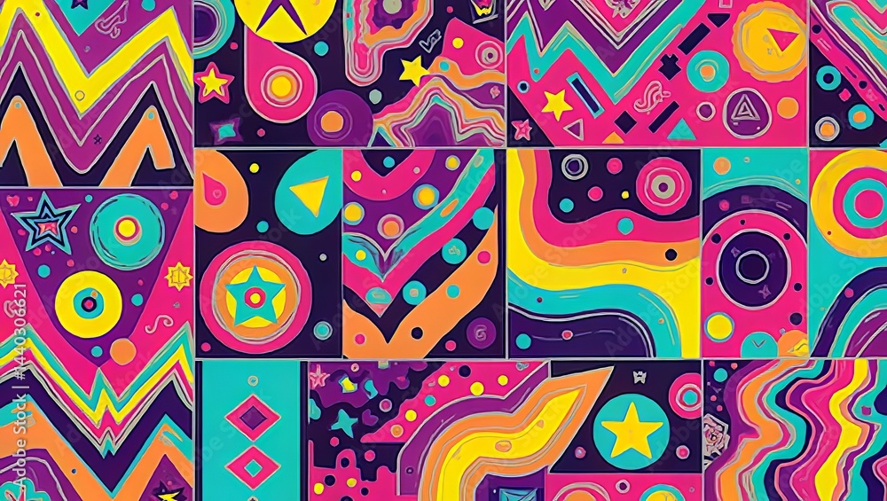 Vibrant Abstract Patchwork Design with Geometric Shapes and Stars Vibrant Abstract Patchwork Design with Geometric Shapes and Stars