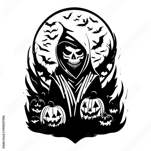 Eerie halloween silhouette, featuring grim reaper, pumpkins and flying bats