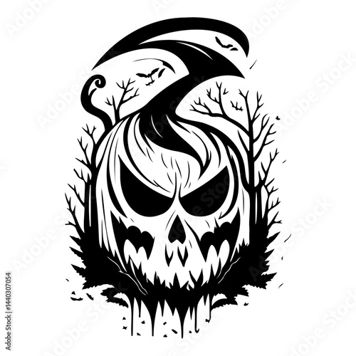 Halloween Pumpkin Silhouette with Sinister Expression and Spooky Atmospheric Elements