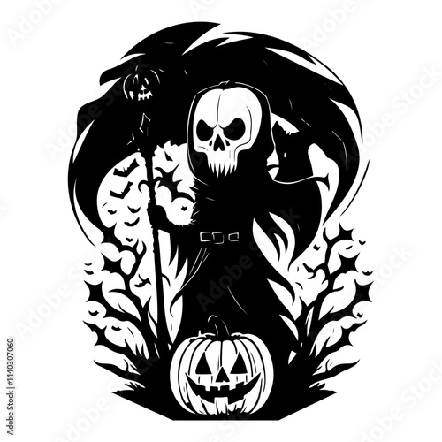 Eerie Halloween reaper silhouette artwork showcasing pumpkin and spooky figures