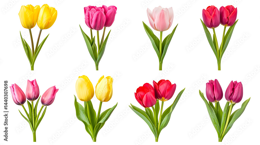 Obraz premium Collection of fresh colorful tulip flowers bouquet isolated on white background