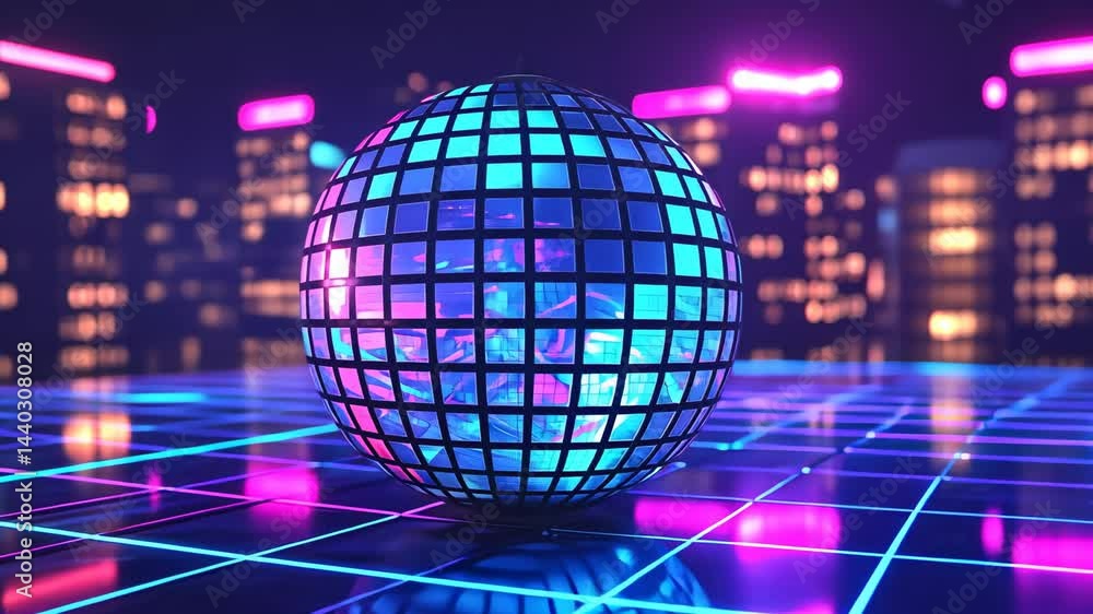 Futuristic Cityscape with Neon Lights and Reflective Glass Sphere Futuristic Cityscape with Neon Lights and Reflective Glass Sphere