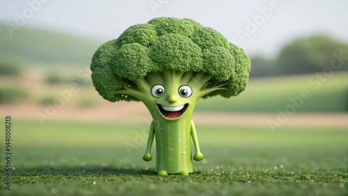 A cheerful cartoon broccoli character stands in a vibrant green field, enjoying the sunshine. The character has a friendly face and a lively posture, promoting healthy eating