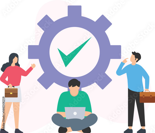 Business team working together achieving goals, completing tasks, and managing project successfully, with a big check mark symbolizing approval

