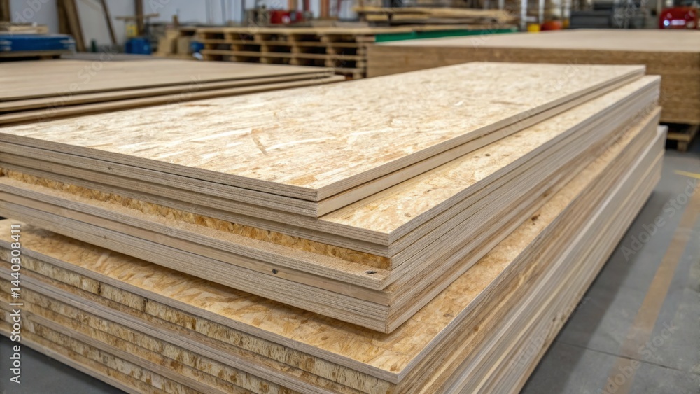 Plywood sheets are neatly piled in a well-lit warehouse. The environment suggests a busy construction site, indicating ongoing building projects. Workers may soon use these materials Plywood sheets are neatly piled in a well-lit warehouse. The environment suggests a busy construction site, indicating ongoing building projects. Workers may soon use these materials