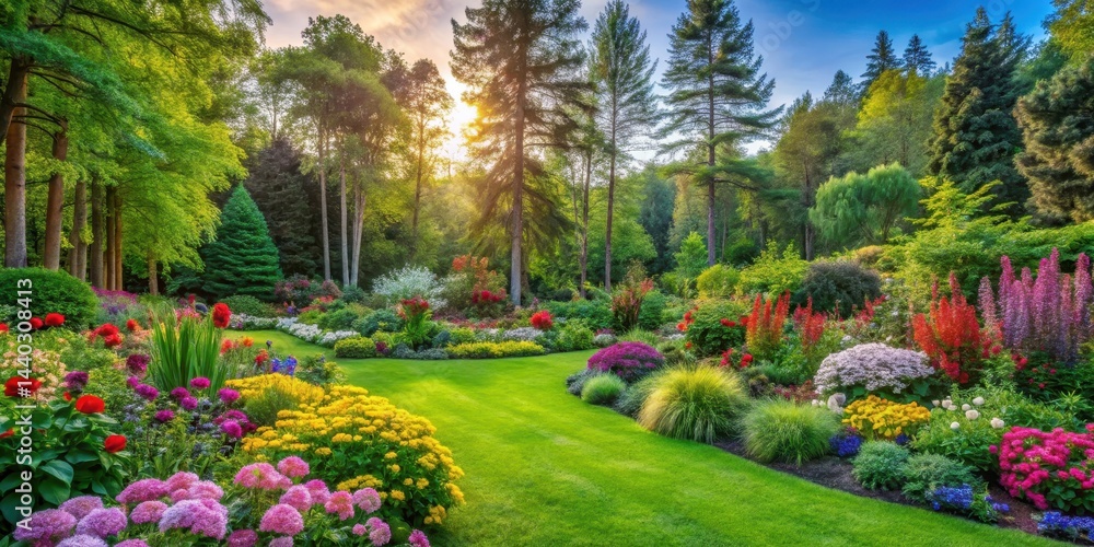 A serene and vibrant flower garden in a residential backyard surrounded by tall trees and lush greenery , garden design A serene and vibrant flower garden in a residential backyard surrounded by tall trees and lush greenery , garden design