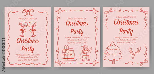 Christmas dinner party invitation card with hand drawn coquette frame and glasses for festive dinners, cocktail parties and holiday gatherings.
