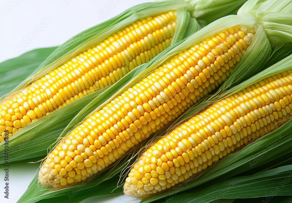 Fresh corn on the cob with husks removed, showcasing bright yellow kernels and green leaves on a white background for culinary and agricultural themes Fresh corn on the cob with husks removed, showcasing bright yellow kernels and green leaves on a white background for culinary and agricultural themes