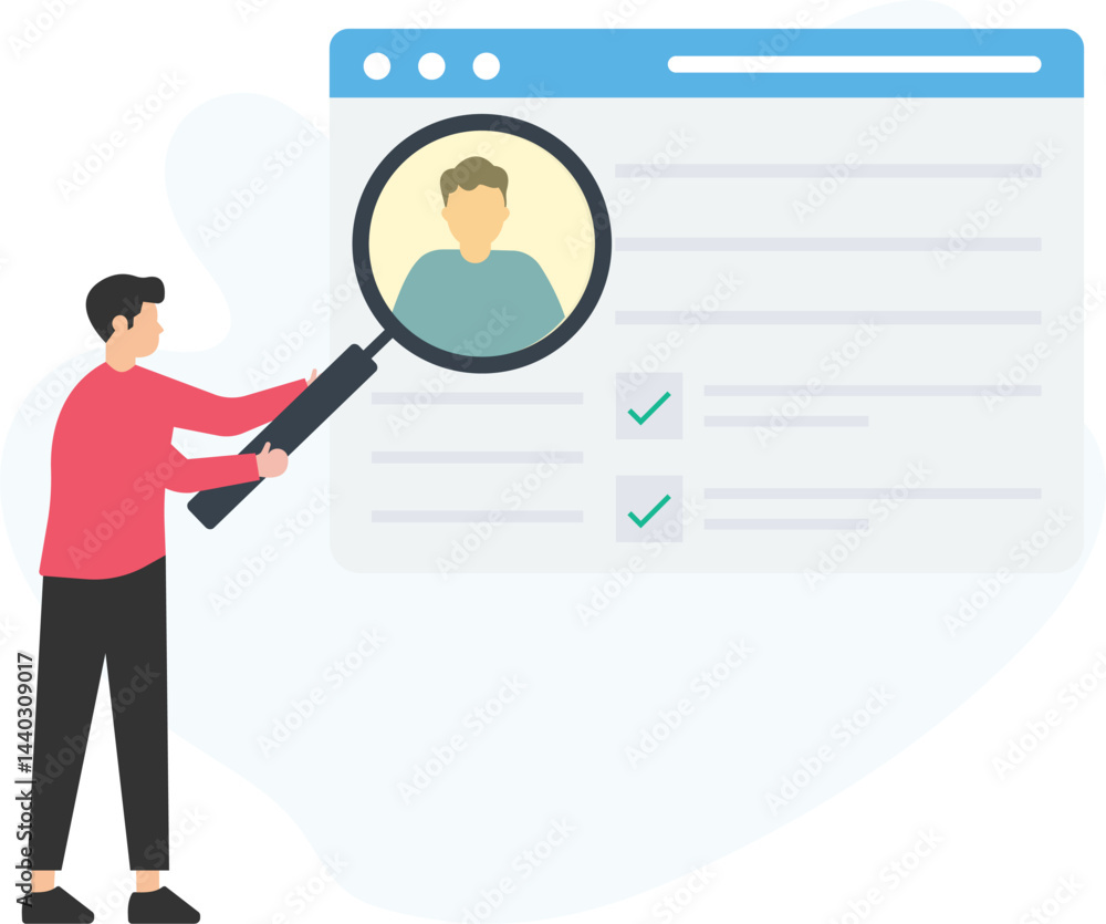 Recruiter holding magnifying glass analyzing candidate profile information for hiring on online web platform with checklist, searching employee, online recruitment concept
Recruiter holding magnifying glass analyzing candidate profile information for hiring on online web platform with checklist, searching employee, online recruitment concept
