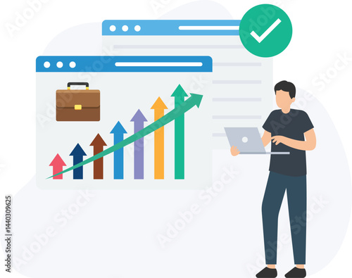 Businessman holding laptop is analyzing increasing business graph with briefcase icon on browser window and green check mark, representing successful business strategy and career growth

