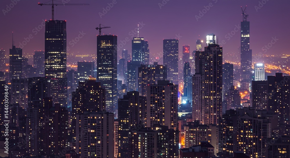 City Skyline at Night with Glowing Lights and Tall Buildings City Skyline at Night with Glowing Lights and Tall Buildings