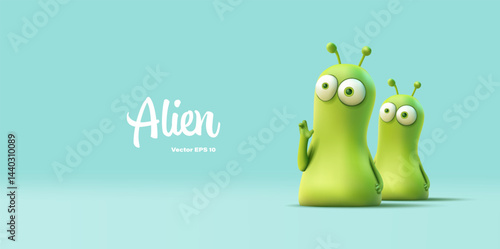 Green aliens greeting, 3D. Friendly monster character. Extraterrestrial life, fantasy, toy. Vector illustration.
