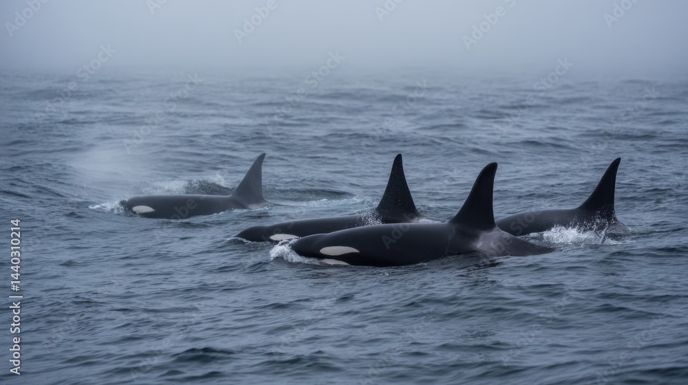 Misty Morning Orca Pod: Four Whales Surface in Turbulent Waters Misty Morning Orca Pod: Four Whales Surface in Turbulent Waters