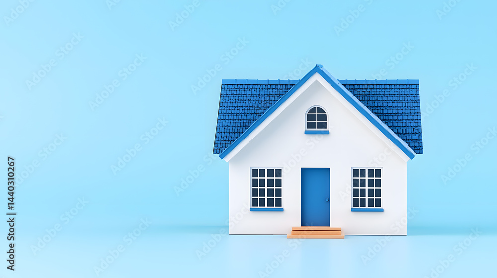 3d white house with a blue roof model for real estate isolated on blue background 3d white house with a blue roof model for real estate isolated on blue background