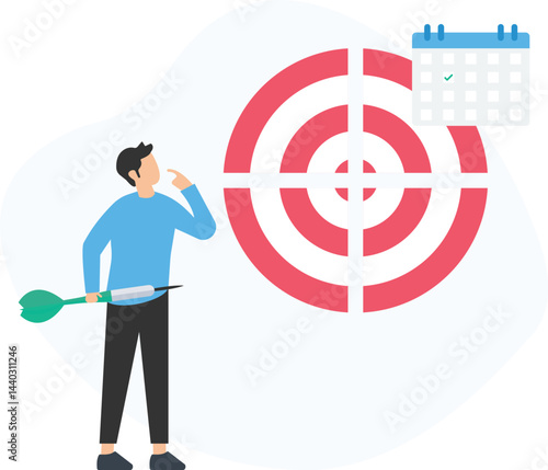 Businessman holding dart is planning marketing strategy choosing target and deadline using calendar and dart, aiming for success and achieving business goals

