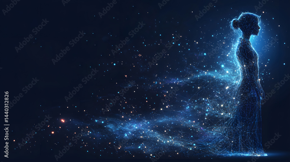 Fototapeta premium A digital illustration shows a glowing female figure made of blue lines and particles against a dark blue backdrop. Ornate particles float near her form. Abstract wireframe in dark blue.