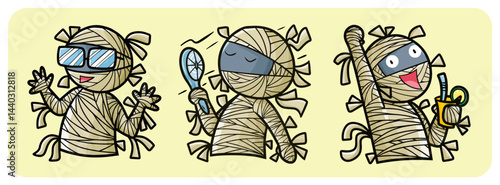 Cute and funny summer mummy cartoon illustration set
