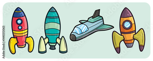 Funny and cool rocket cartoon illustration set
