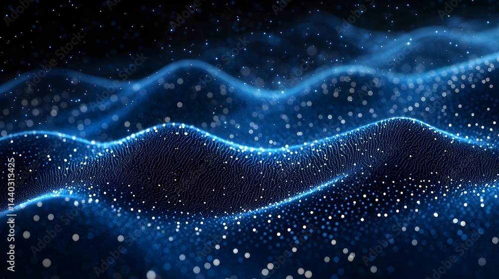Dynamic, undulating surface of sparkling blue and white dots creates depth and texture. Resembles waves against a dark backdrop. Visually interesting and captivating. Abstract wireframe in dark blue. Dynamic, undulating surface of sparkling blue and white dots creates depth and texture. Resembles waves against a dark backdrop. Visually interesting and captivating. Abstract wireframe in dark blue.