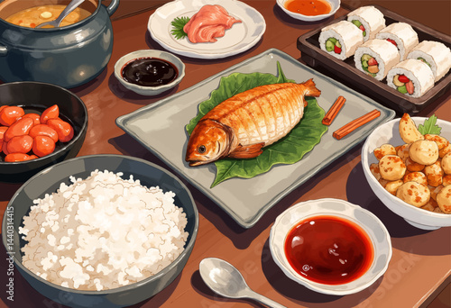 Asian Cuisine: Fish, Sushi, Rice, and Dumplings Feast