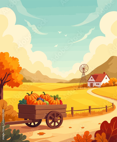 Autumn Harvest Farm Scene with Pumpkins and Windmill