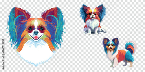 3 versions du chien de race papillon - un portrait, en entier de profil et en entier de face - aux poils multicolor. Réalisé par IA générative.