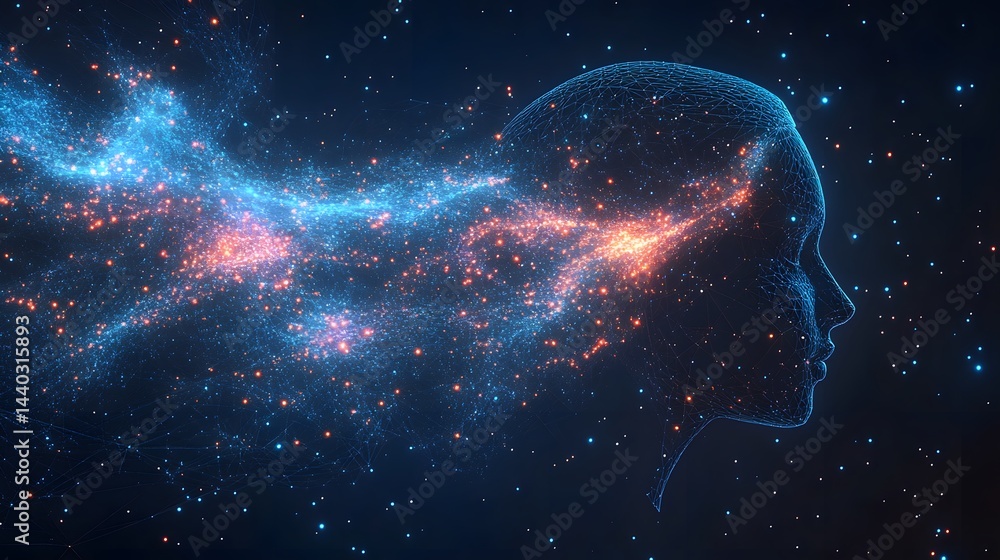 Obraz premium Futuristic digital head profile with glowing particles and network. Represents AI, consciousness, or the digital mind amidst a cosmic backdrop. Abstract wireframe in dark blue